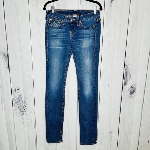 True Religion Julie Flap Pocket Women’s Blue Low Rise Jeans Sz 29x33 USA - Picture 1 of 11